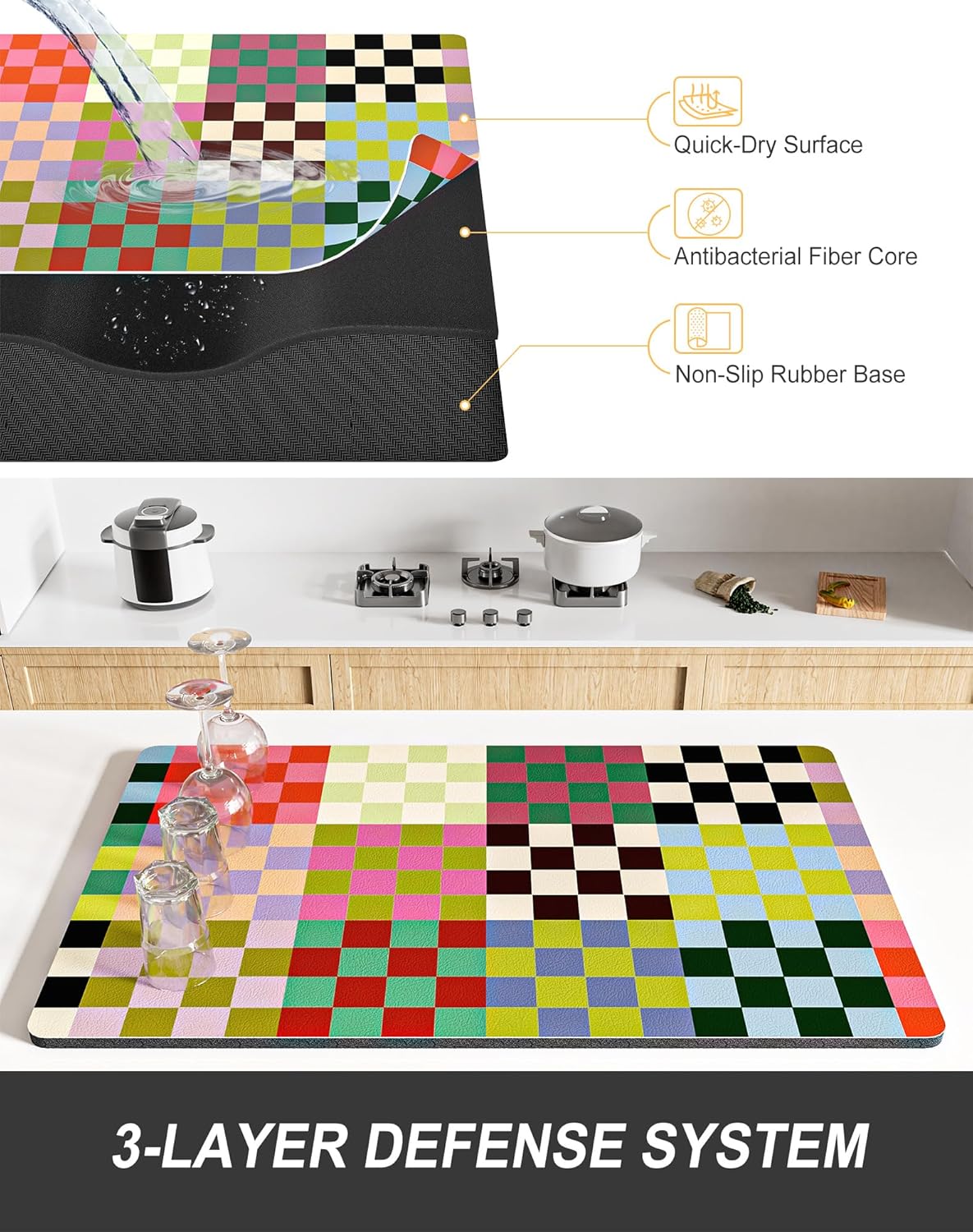 Rnivvi Dish Drying Mat for Kitchen Counter, 12 x 19" Cute Checkered Absorbent Draining Pad, Non-Slip Heat Resistant Coffee Bar Mats for Coffee Machine Station Accessories, Colorful Dish Rack Pad