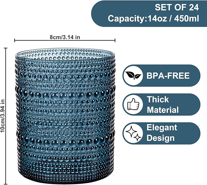 YOUBET 24PCS Plastic Hobnail Drinking Glasses - 14 Oz Blue Vintage Glasses Drinkware - Disposable Beaded Cups for Juice, Wine, Party