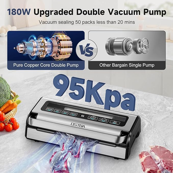 OSTBA 180W Vacuum Sealer Machine, 12-in-1 Double Pump Food Saver with Built-in Cutter & Bag Storage, Easy-Lock Handle, Dry & Moist & Marinate, Memory Function, Includes 1 Roll of Vacuum Bags & Hose