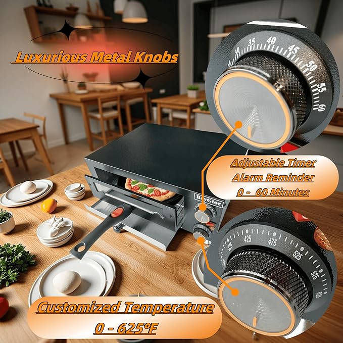 12 Inch Electric Pizza Oven Indoor, Countertop Pizza Oven with Visual Window, Commercial Pizza Maker with Removable Handle, Stainless Steel Pizza Cooker (Black)