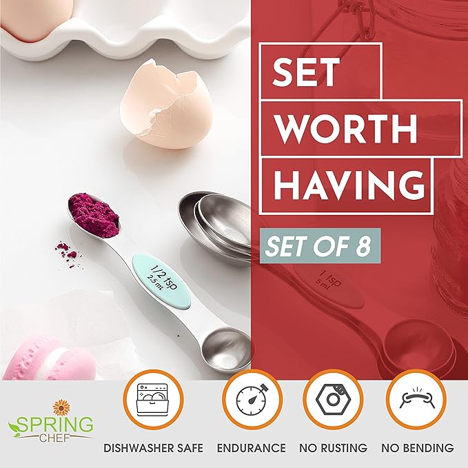 Spring Chef Stainless Steel Magnetic Measuring Spoons Set of 8 with Leveler, Nesting Metal Teaspoon & Tablespoon Measuring Spoons, Kitchen Gadgets for Baking & Cooking, Fits in Spice Jars - Mint