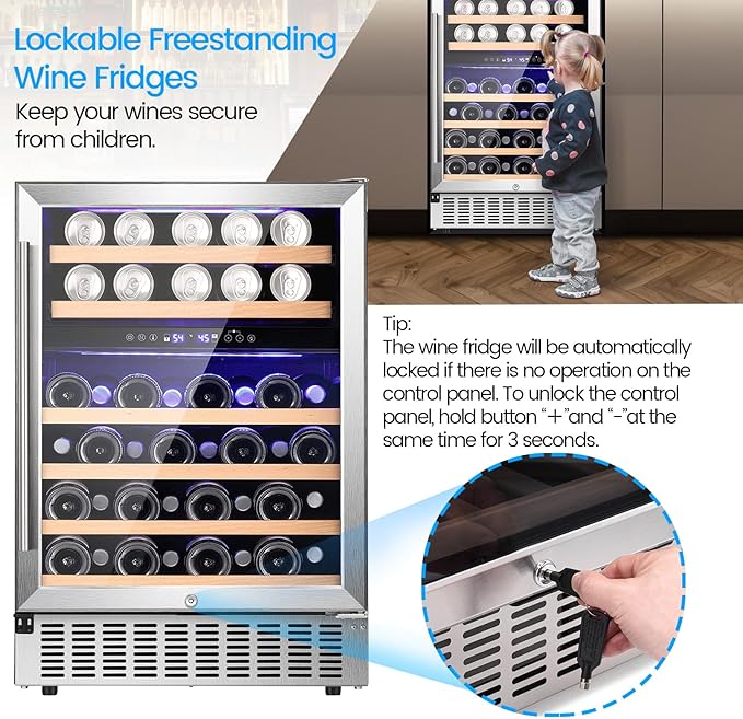 46 Bottle, 23.4 Inches Refrigerator Wine Fridge for Red White, Champagne, Beer, Temperature (41°F-68°F), Freestanding Built-in, Glass Door, 5.3 Cuft-Dual Zone, Silver