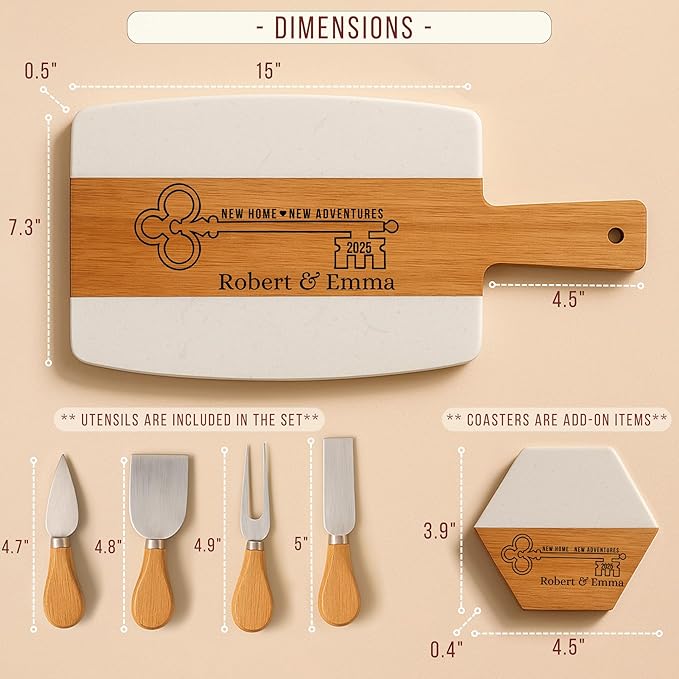 Personalized Cutting Board & 4 Coasters Set – Acacia Wood & Marble – Multi-Purpose, Food-Safe Charcuterie Boards – Gift for Weddings, Housewarmings, Christmas, Anniversaries & Bridal Showers Gifts