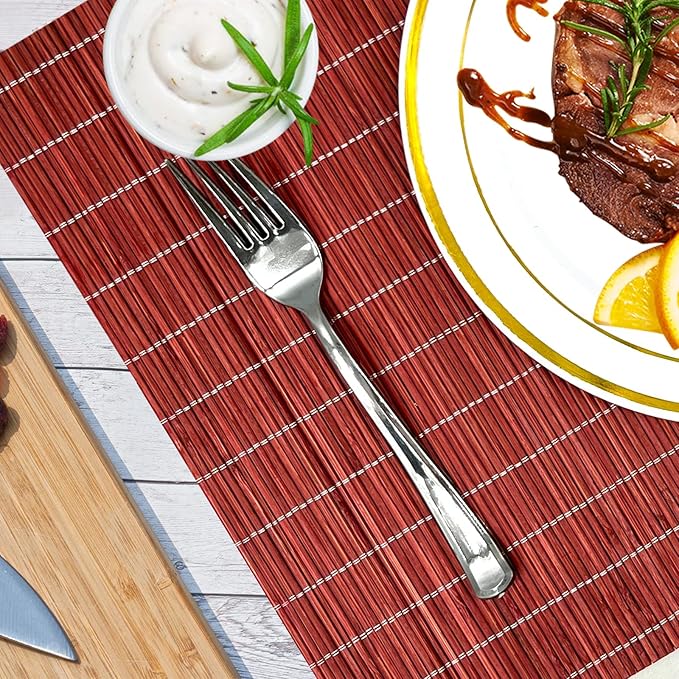 ANDSTAR Set of 8 Pcs Bamboo Placemats Natural Anti-Slip Bamboo Placemats Washable Heat-Resistant Table Mats for Dining Room and Kitchen （Red）