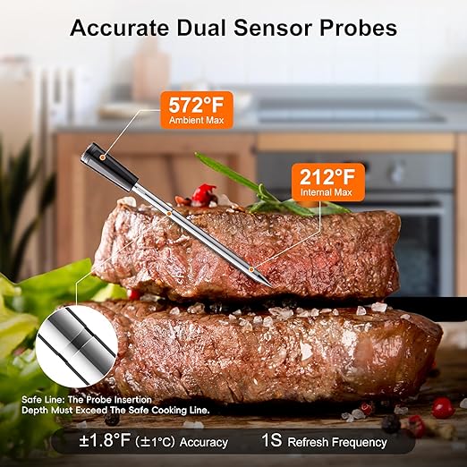 Wireless Meat Thermometer Digital with 2 Probes, Long Range Bluetooth Food Thermometer with Smart APP Alerts for Cooking, Grill, AirFryer, Perfect for BBQ Chicken Turkey