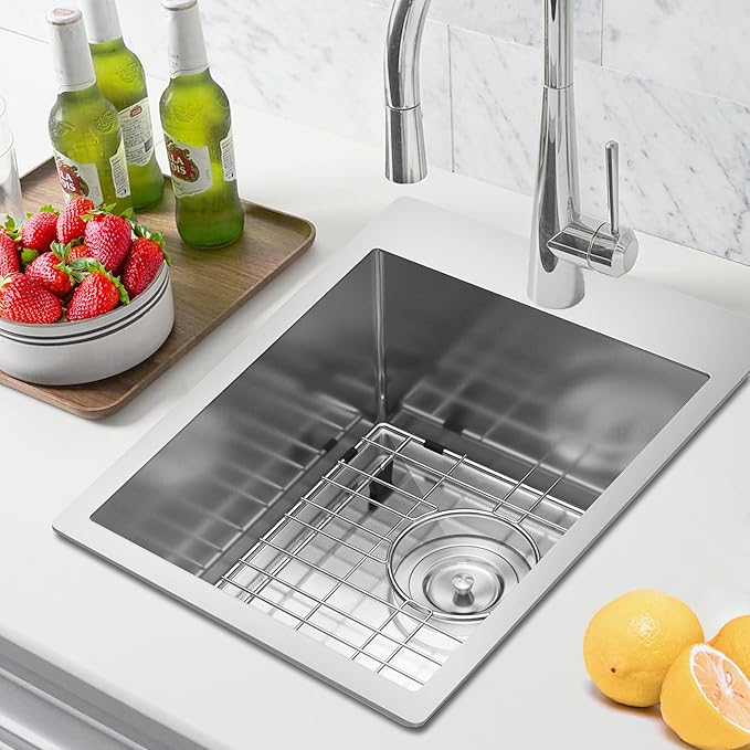 15x20 Inch Bar Sink, 18 Gauge 304 Stainless Steel Topmount Drop In Sink with Grid, Drain Assembly for Home, RV, Office, Laundry, Professional Use