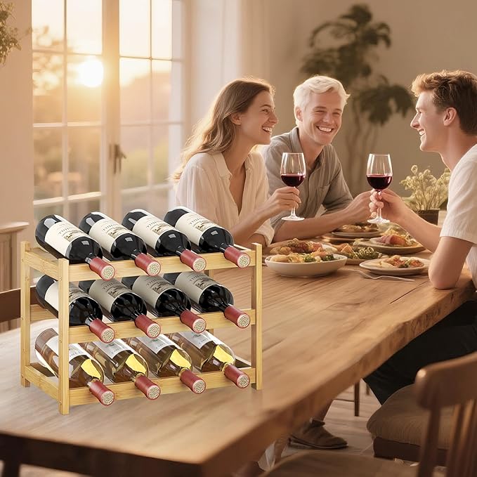Wine Rack Countertop for 12 Wine Bottles, Small Bamboo Free Standing Racks Tabletop Display, Wooden Wine Storage Organizer for Cabinet Pantry Kitchen Bar Home Dining Room (Natural)