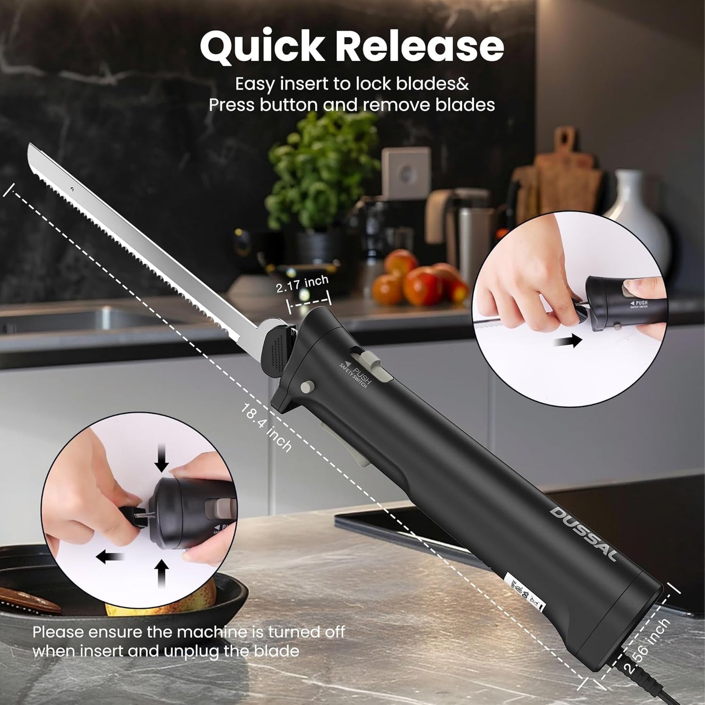 DUSSAL Electric Knife, Electric Bread Knife with 4 Stainless Steel Blades, Safety Lock Switch, Blade Release Buttons, On/Off button, Cutting Meats, Fish, Poultry, Bread, Cheese & More (Black)
