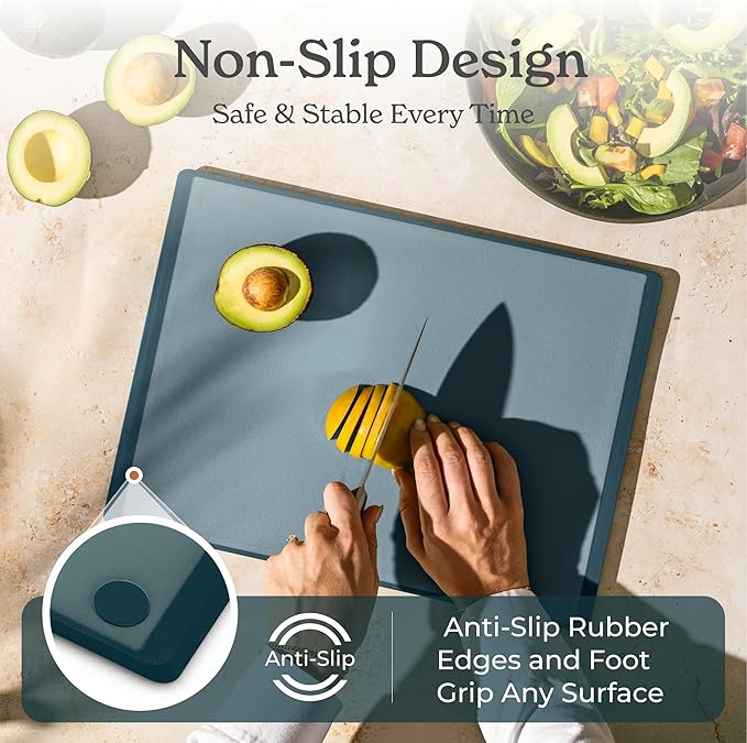 SMIRLY Plastic Cutting Board Set with Holder 3 Pieces, Non-Slip Dishwasher Safe Chopping Boards for Kitchen, Blue