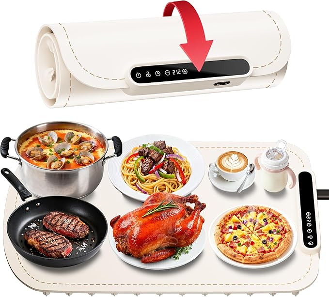 Warming Mat for Food, Upgraded Fast-Heating Electric Warming Tray with 7 Temp Levels & 8 Timers, Buffet Raised Feet & Rollable Silicone Heat Pad, Portable Food Warmer for Home, Party & Travel (Beige)