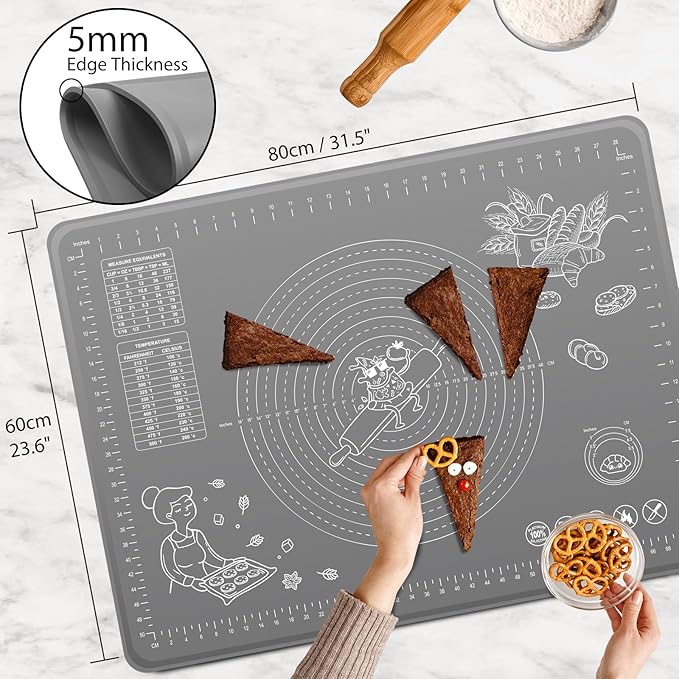 Silicone Baking Mat 32x24 inch, Extra Thick Non-stick Pastry Mat with Measurements and Edge Heightening, Food Grade Silicone for Countertop Dough Rolling Making Bread, Cookies, Pizza, Fondant, Pasta