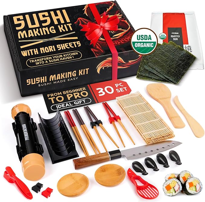 Sushi Making Kit, Sushi Bazooka Maker Kit & Bamboo Rolling Mat, Easy Roller Kit, DIY Set for Beginners at Home, USDA Organic