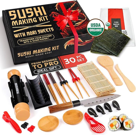 Sushi Making Kit, Sushi Bazooka Maker Kit & Bamboo Rolling Mat, Easy Roller Kit, DIY Set for Beginners at Home, USDA Organic