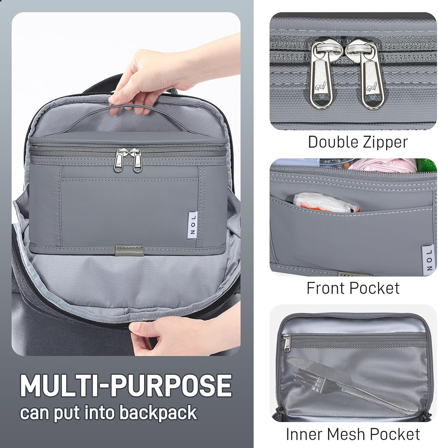 NOL Natural Organic Lifestyle Small Lunch Bag Mini Lunch Box Insulated Lunch Bag for Men/Women Leakproof Cooler Tote Bag Lightweight Nylon Waterproof Lunch Box For Work,Light gray