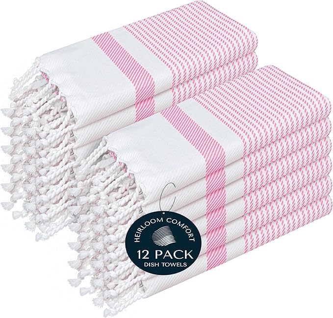 Pink Turkish Kitchen Towels 16x26 Inch, 12 Pack, 100% Cotton, Ultra Absorbent, Soft, Fast Dry, Machine Washable, Dish Towel with Tassels for Drying Dishes, Cleaning, Everyday Use