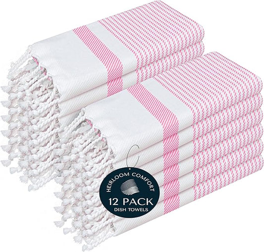 Pink Turkish Kitchen Towels 16x26 Inch, 12 Pack, 100% Cotton, Ultra Absorbent, Soft, Fast Dry, Machine Washable, Dish Towel with Tassels for Drying Dishes, Cleaning, Everyday Use