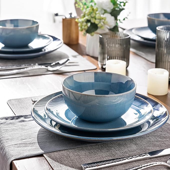 GBHOME Ceramic Dinnerware Sets for 6, 18 Pieces Stoneware Plates and Bowls Sets, Reactive Glaze Dishes -Scratch Resistant, Dishwasher&Microwave Safe-Alaskan Blue