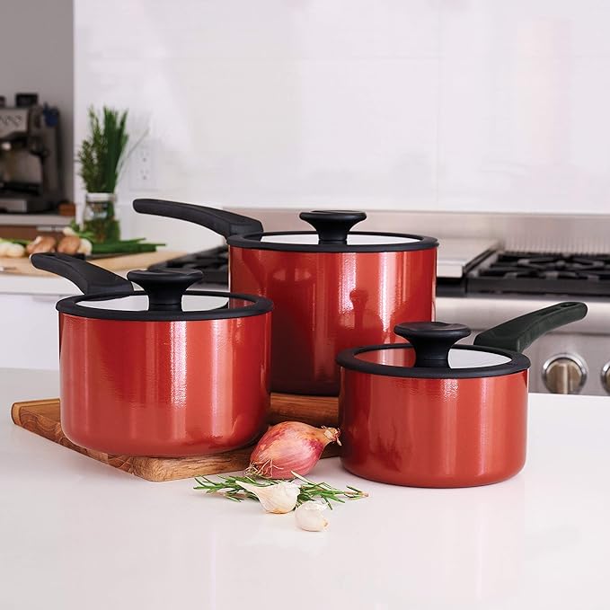 Tramontina Aluminum Non Stick 6-Piece Nesting Sauce Pan Set with Lids - Red, Kitchen Nonstick Cookware Set, Dishwasher and Oven Safe