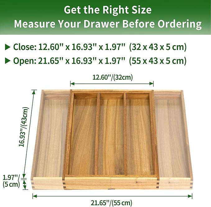 VaeFae Acacia Kitchen Silverware Organizer, Cutlery Drawer Organizer with 5 Compartments, Wooden Utensil Holder for Flatware and Cooking Tools