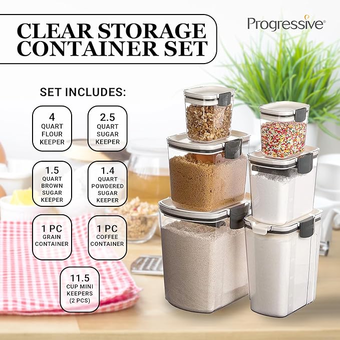 Progressive ProKeeper Baker's Airtight Kitchen Storage Canister Container Set for Flour, Sugar & More, Keeps Ingredients Fresh, with Accessories (Multicolor, 8- Piece)