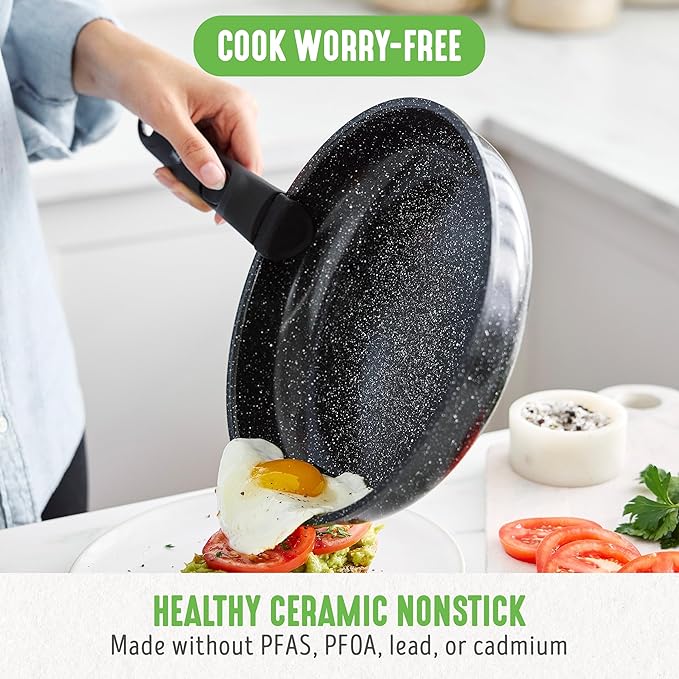 GreenLife 10 Piece Nonstick Pots & Pans Set, Detachable Handle & Stackable Cookware Set, Non Toxic PFAS-Free Skillets, Induction Kitchen Pans, Space Saving, Serving Bowls, Oven Safe, Granite Black