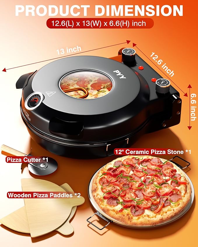 PYY Pizza Oven - 12 Inch Electric Pizza Maker Machine Heats up to 800℉ with Pizza Stone, Viewing Window, Thermometer Table Top Portable Pizza Cooker Countertop for Home Patio RV Dorm