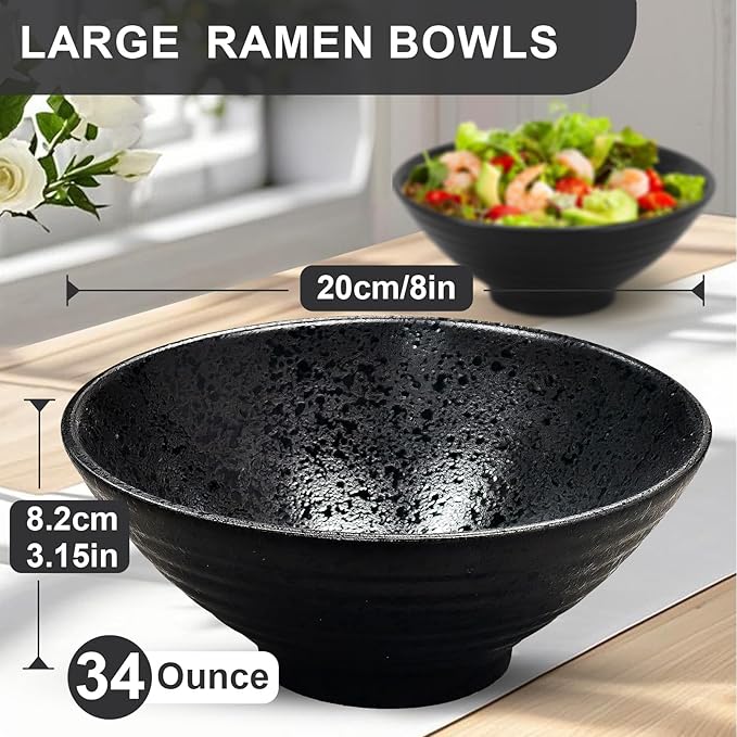 8-Inch Ceramic Ramen Bowl Set of 4 (17 Piece) - Porcelain Japanese Salad Noodles Cereal Fruit Pasta Soup Large Bowls with Recipes Chopsticks Forks Spoons for Men Women Gift Microwave Dishwasher Safe