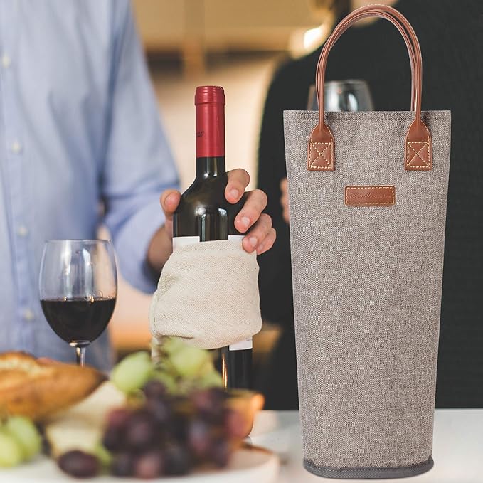 Zormy Single Bottle Insulated Wine Tote, Brushed Khaki Padded Cooler