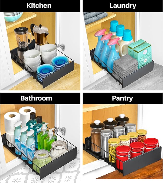 LYNK PROFESSIONAL® Pull Out Cabinet Organizer, 10" x 14" Single Tier Slide Out Drawers for Kitchen Cabinets - Sliding Pull-Out Pantry Shelves – Home Shelf Organizers - Lifetime Ltd. Warranty, Black