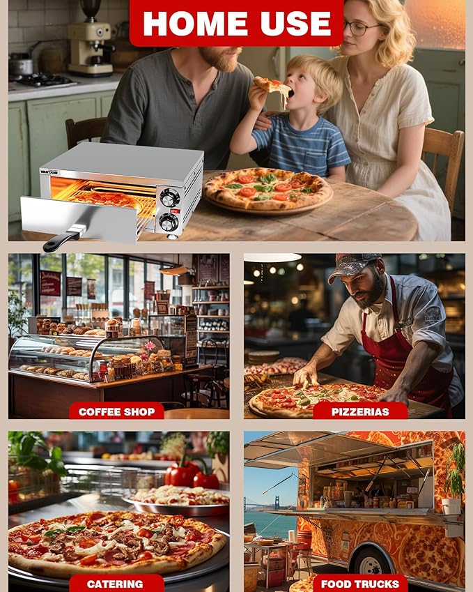 Wantjoin Pizza Oven Indoor - Electric Pizza Ovens Countertop Stainless Steel Commercial Pizza Maker Fits 12" Pizzas, With Timer Crumb Tray, 110W, For Home, Bars, Food Trucks