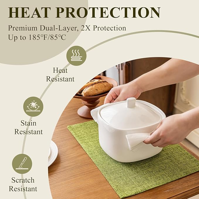 KXN Placemats Set of 4, Dual-Layer Thickened Faux Linen Table Mats, Heat Resistant & Wrinkle-Free, Machine Washable Cloth Place Mats for Kitchen Dining Indoor Outdoor (Green)