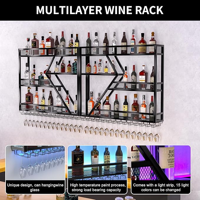 79 Inch Metal Wine Rack Wall Mounted with LED Light, Large Capacity Hanging Wine Bottles Display Shelf with Glasses Holder, for Home Bar Kitchen, Living Room