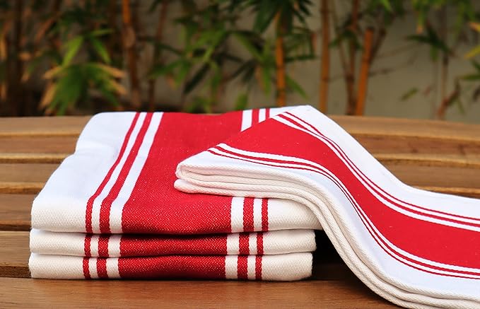 AMOUR INFINI Kitchen Towels 100% Cotton Pack of 4, Highly Absorbent Quick Drying Premium Striped Dish Towel for Kitchen with Hanging Loop Hand & Tea Towels (Red)
