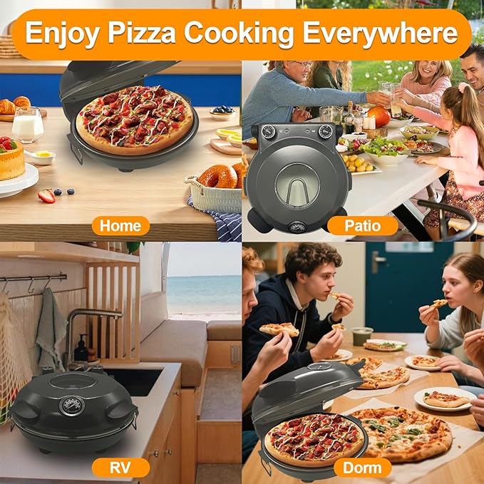 Pizza Oven Indoor, 12 Inch Retro Pizza Maker, Rapid Heating 800˚F, 1200W Glazed Ceramic Stone Electric Pizza Cooker, Two-button Precise Temperature Control, Viewing Window for Precise Cooking