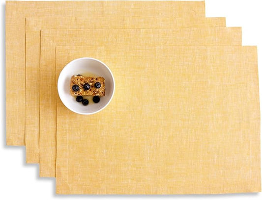 Solino Home Linen Placemats Set of 4-100% Pure Linen Chambray Mustard Yellow Cloth Placemats 14 x 19 Inch - Athena
