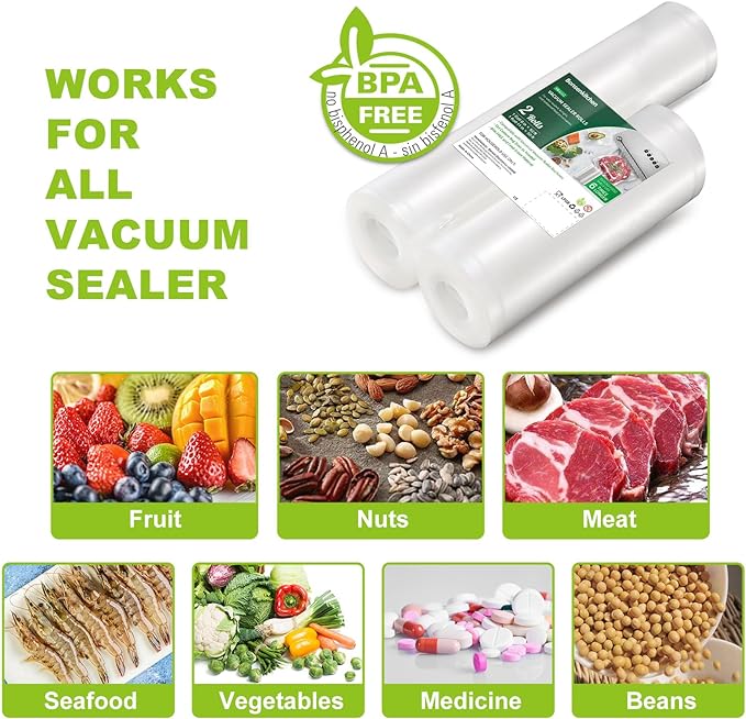 Bonsenkitchen Vacuum Food Sealer Rolls Bags, 8" x 50' & 11" x 50' Commercial Grade BPA Free Bag Rolls, Durable Customized Size Food Vac Bags for Storage and Sous Vide Cooking VB3212