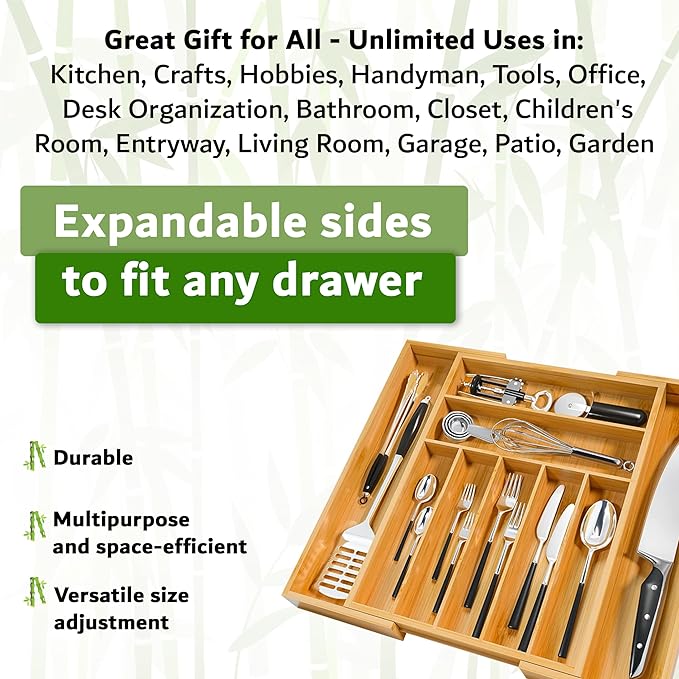 Nature Gear Bamboo Kitchen Drawer Organizer, Expandable Wood Utensil Tray, Adjustable Silverware Organizer with 9 Compartments for Fork, Spoon & Knife Utensils