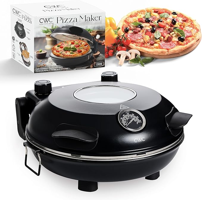 Cook With Color Electric Indoor Pizza Oven – Crispy Crust Countertop Pizza Maker, Heats up to 800˚F, 12 Inch Ceramic Stone, Dual Temperature Control Knobs, Bamboo Peel Included, Black