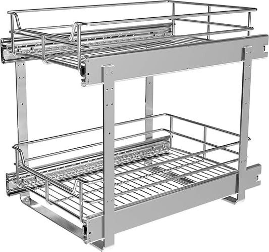 2-Tier Cabinet Pull Out Shelves (14" W x 22" D), Slide Out Shelves for Kitchen Cabinets, Metal Under Cabinet Roll Out Shelf