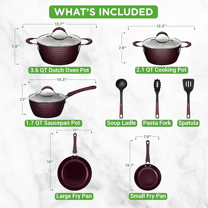 NutriChef Nonstick Cookware Excilon Home Kitchen Ware Pots & Pan Set with Saucepan Frying Pans, Cooking Pots, Lids, Utensil PTFE/PFOA/PFOS free, 11 Pcs, Purple Diamond, One size