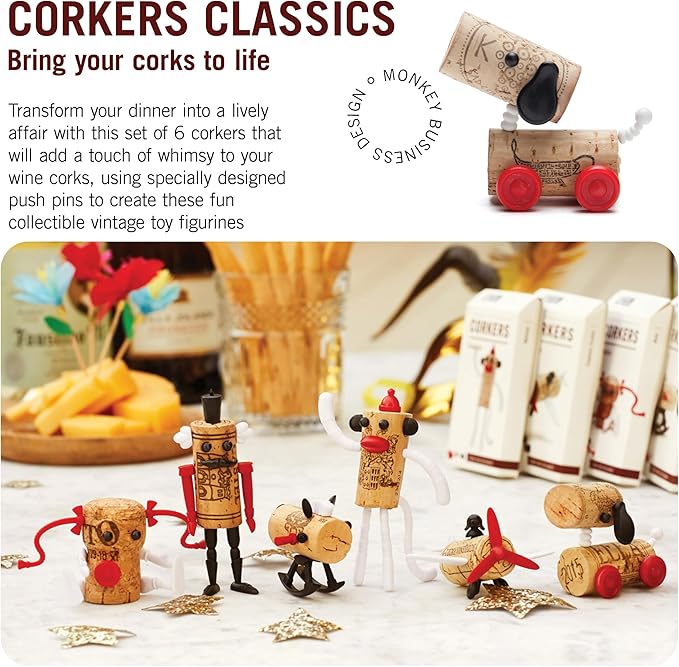 Corkers Classic Wine Accessories by Monkey Business, Collectible Novelty Gift, Pack of 6 Different Figurine Crafting Parts for Corks
