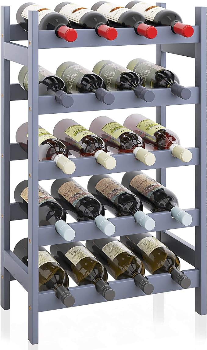 SMIBUY Bamboo Wine Rack, 20 Bottles Display Holder, 5-Tier Free Standing Storage Shelves for Kitchen, Pantry, Cellar, Bar (Gray)