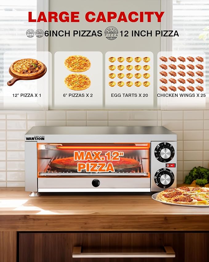 Wantjoin Pizza Oven Indoor - Electric Pizza Ovens Countertop Stainless Steel Commercial Pizza Maker Fits 12" Pizzas, With Timer Crumb Tray, 110W, For Home, Bars, Food Trucks