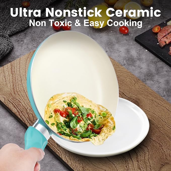 Pots and Pans Set, 7 Piece Nonstick Ceramic Cookware Set, Kitchen Induction Cookware Sets, Pots and Pans Non Stick with Stay Cool Handle, 100% PFOA Free, Turquoise