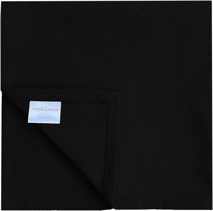 PurpleEssences Set of 12 Cloth Dinner Napkins 100% Cotton 18x18 Inch - Soft Durable Washable - Ideal for Farmhouse Party Christmas Holiday Winter - Perfect Everyday Use Table Linen - Black