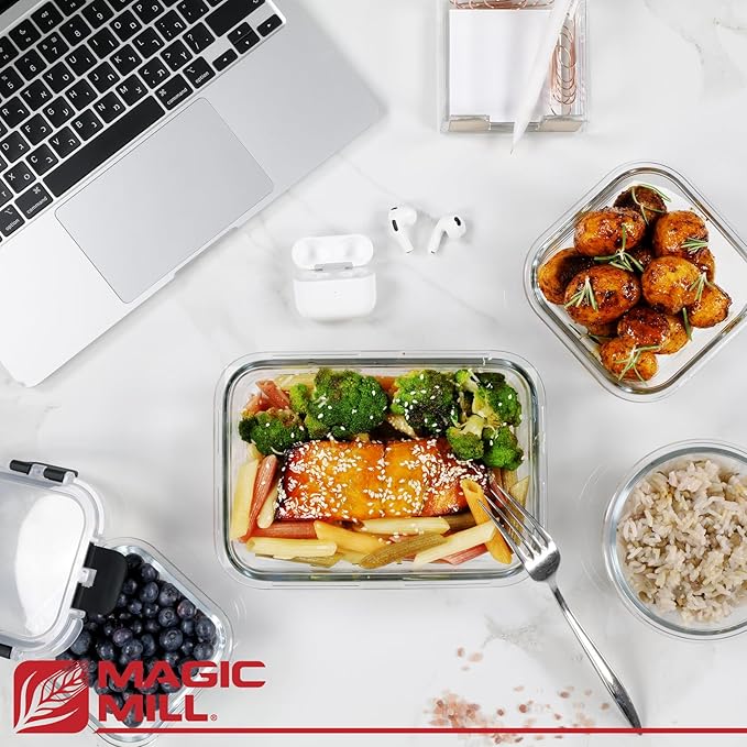 Magic Mill Premium Borosilicate Glass Food Storage Containers with lids Set | 24pc Sets with 12 Bowls & 12 Airtight Locking Lids for Lunch & Meal Prep, Safe for Oven, Freezer, Dishwasher, BPA-Free