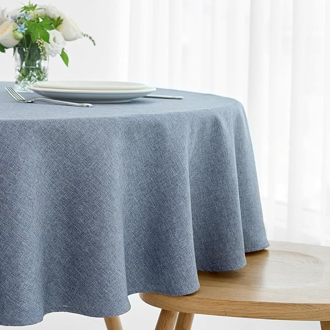 maxmill Round Linen Textured Tablecloth Spill-Proof Stainproof Wrinkle Free Washable Fabric Table Cloth for Circular Table Cover, Dining Room Buffet Banquet Party Holiday Dinner, 70 Inch Demin Blue