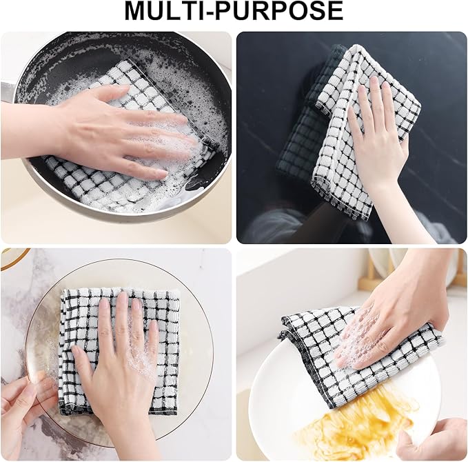 Kitinjoy Cotton 8 Pack Terry Kitchen Dish Cloths, 12 x 12 Inches Super Soft and Absorbent Dish Rags, Quick Drying Dish Towels for Washing Dishes, Black