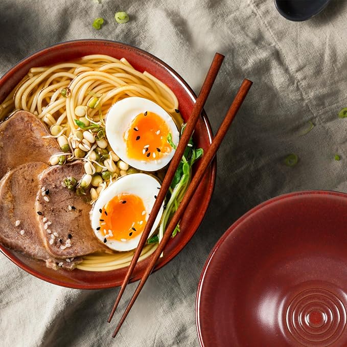 NUTRIUPS 8 Inch Ceramic Ramen Bowl Set of 2 Pho Bowls 40oz Japanese Noodle Udon Soup Bowls with Spoons and Chopsticks (Rusty Red Brown)