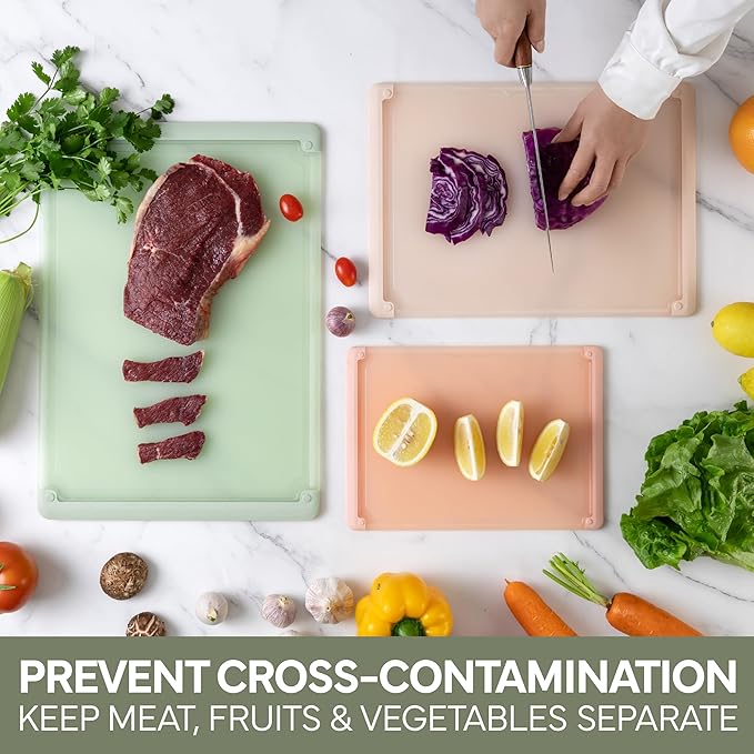 COOK WITH COLOR Extra Large Cutting Board Set, Jumbo-Sized Boards with Rubber Border for Enhanced Cooking Experience, 3-Piece, Sage Pink